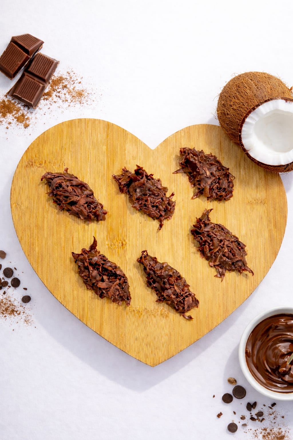 Beijinhos de chocolate com coco numa tábua em formato de coração